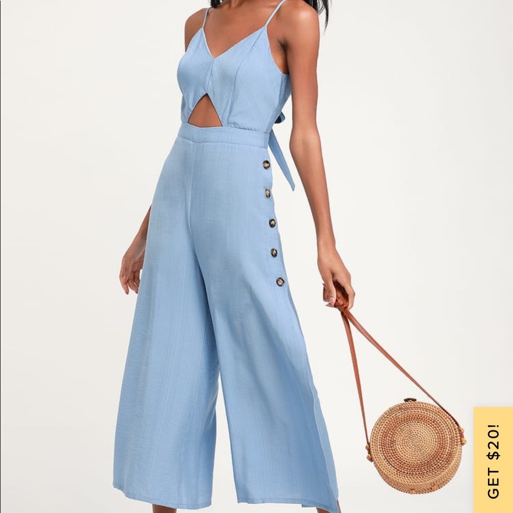 Light Blue Tie-Back Cutout Culotte Jumpsuit worn once